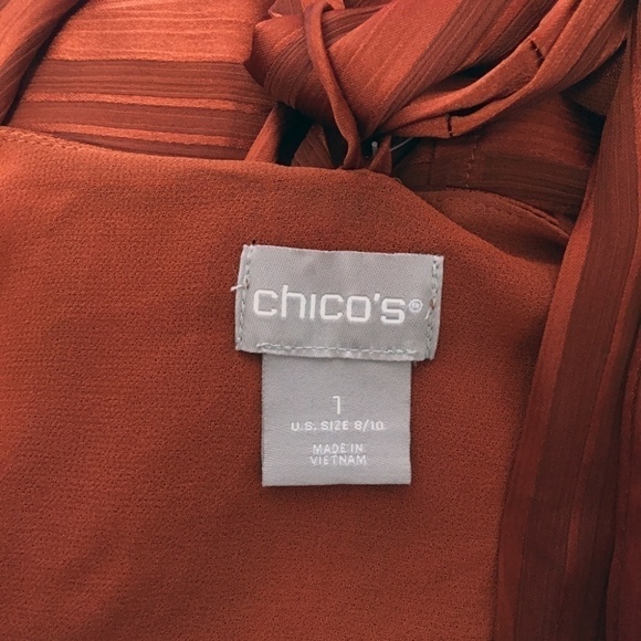 CHICO'S Terracotta Shadow Stripe Satin with Scarf Tie Buttons Top Blouse NWOT - Picture 7 of 10